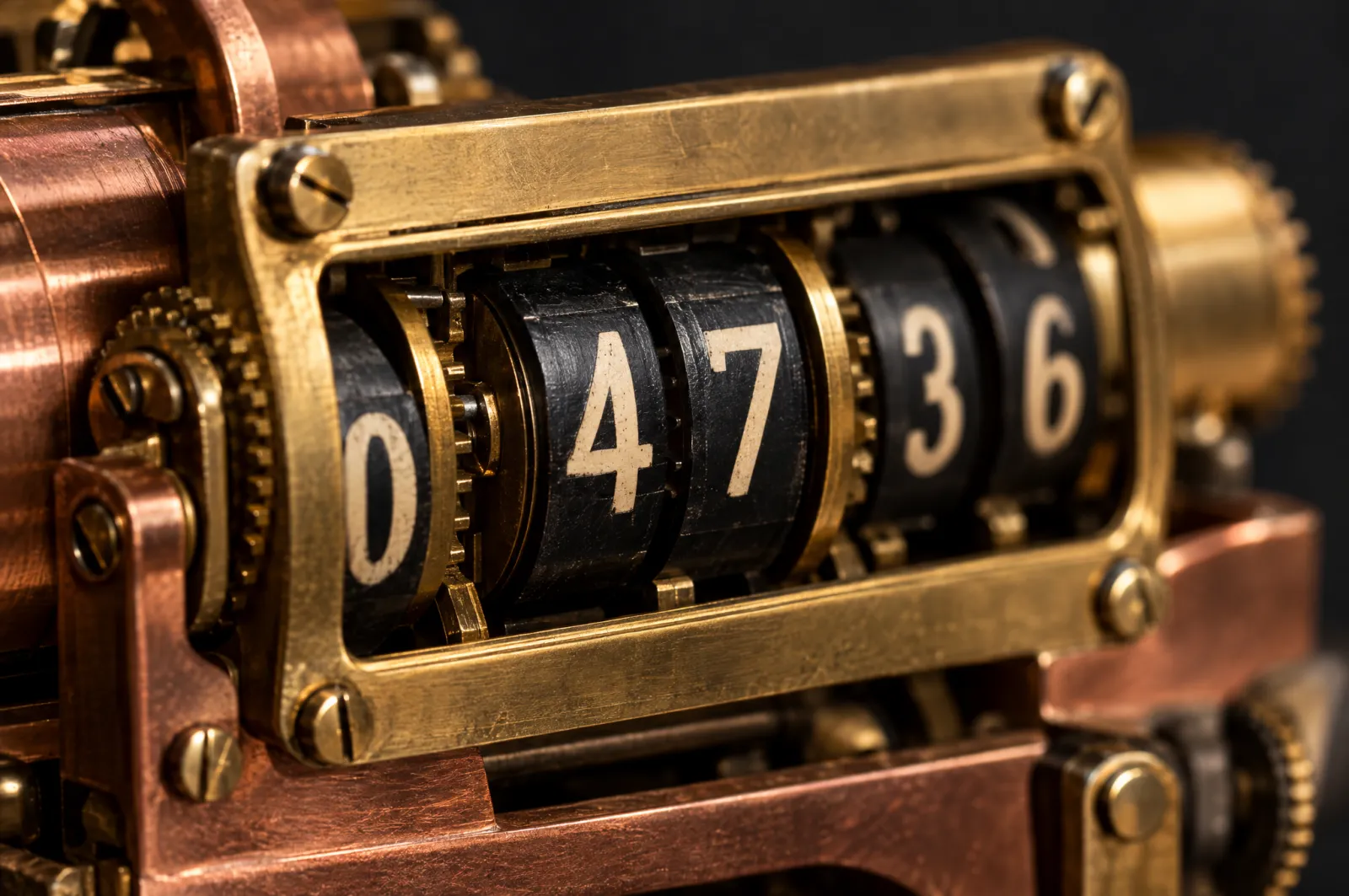 The number wheels of a brass mechanical counter